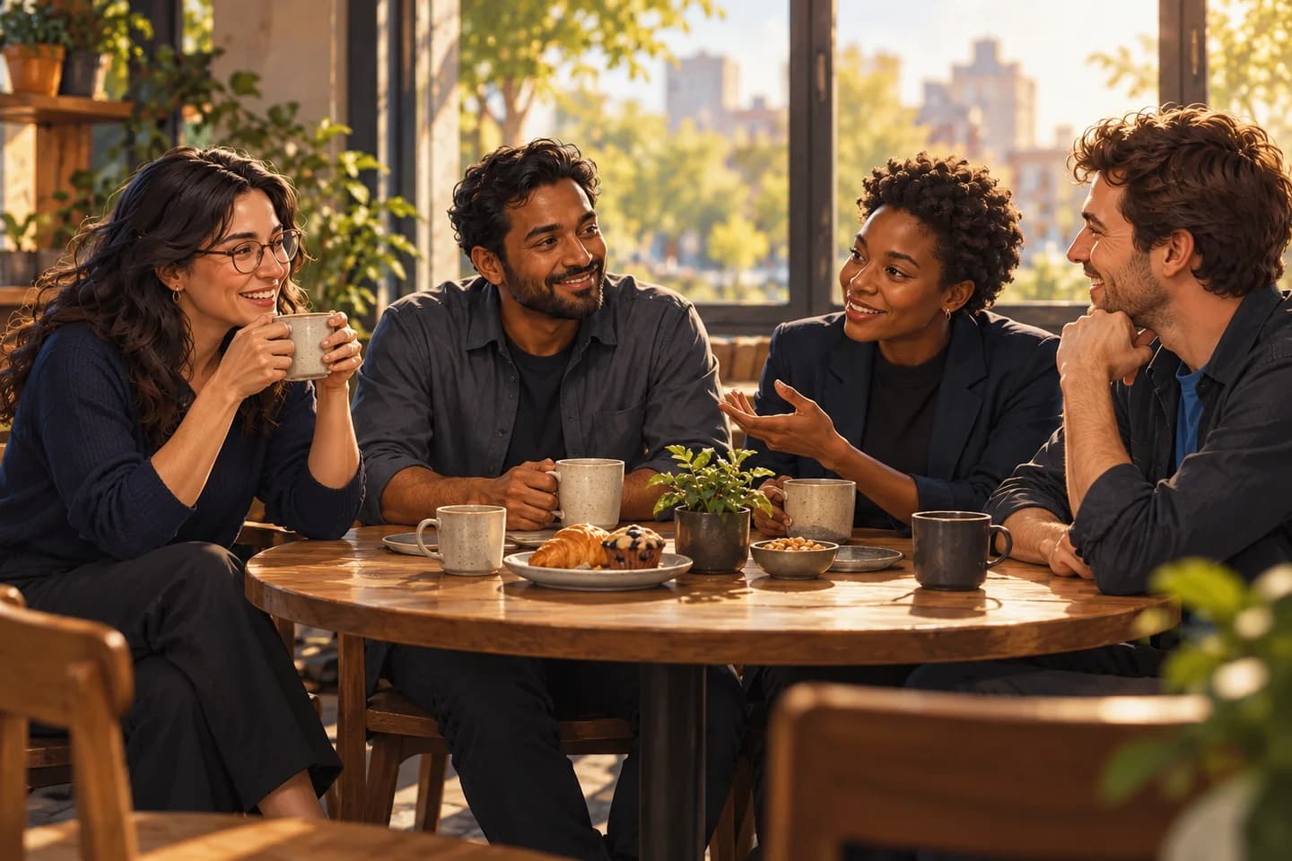 Illustrative preview of teammates chatting over coffee and snacks by a window