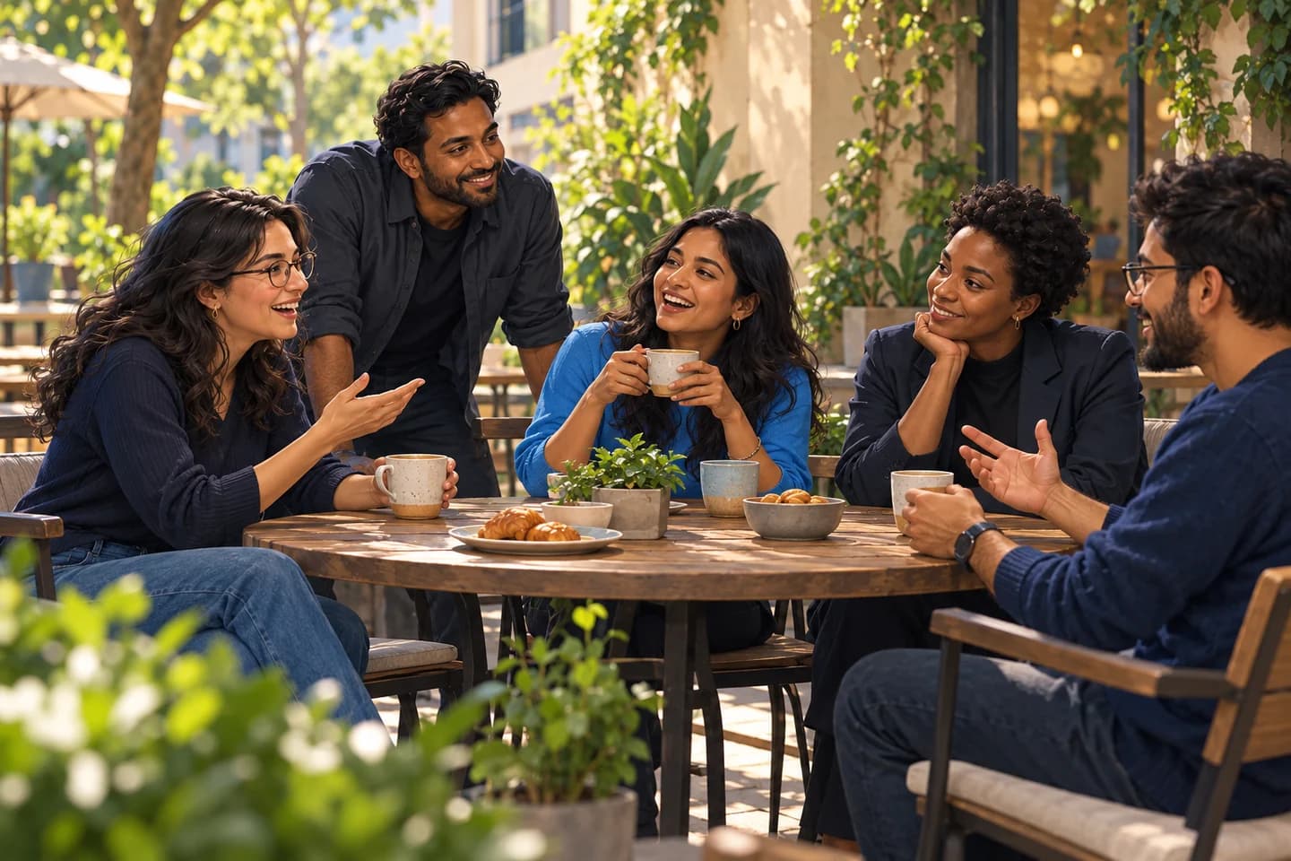 Illustrative preview of smiling colleagues sharing tea together on a leafy terrace
